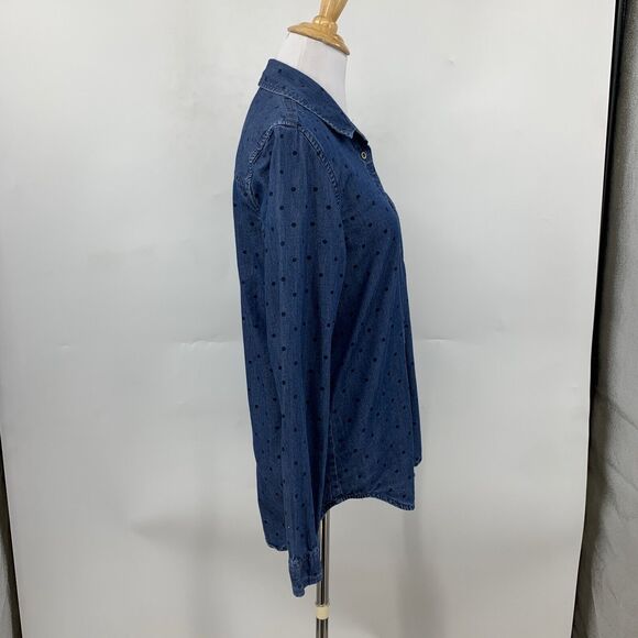 VANS Shirt Womens S Small Indigo Polka Dot Denim So Rowdy Droptail Spread Collar - Picture 4 of 13